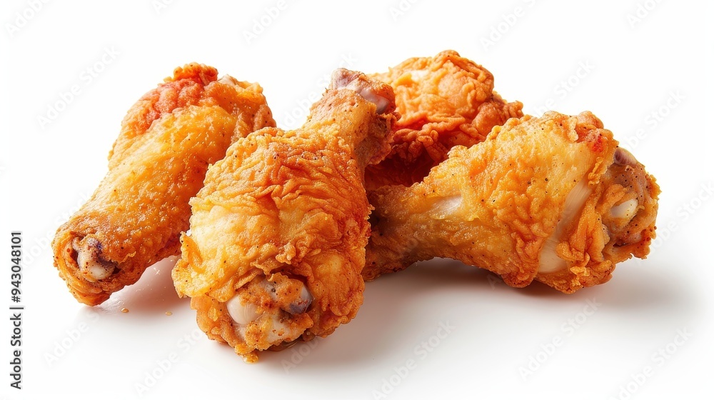 Four fried chicken pieces on a white background. The chicken is golden brown and crispy. Concept of indulgence and satisfaction, as the fried chicken is a popular comfort food Four fried chicken pieces on a white background. The chicken is golden brown and crispy. Concept of indulgence and satisfaction, as the fried chicken is a popular comfort food