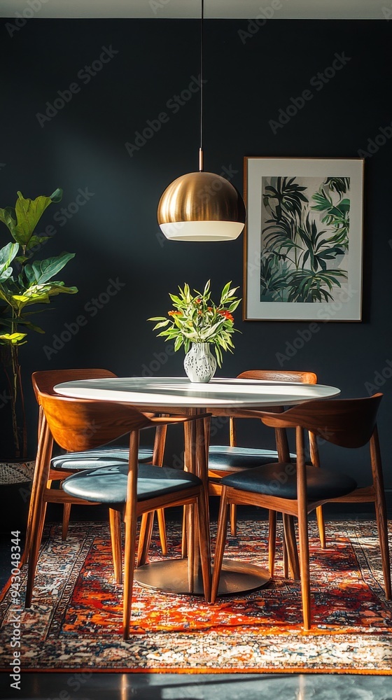 Mid-century modern dining room with black walls, dining table, and wooden chairs Mid-century modern dining room with black walls, dining table, and wooden chairs