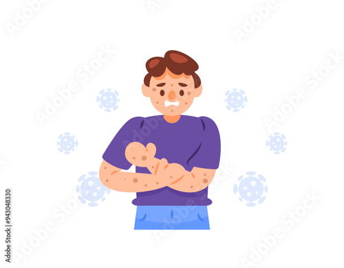 illustration of a man looking uncomfortable and feeling itchy. suffering from monkeypox. infected with monkeypox virus. pimples appear on the body. health problem. flat style character design. graphic