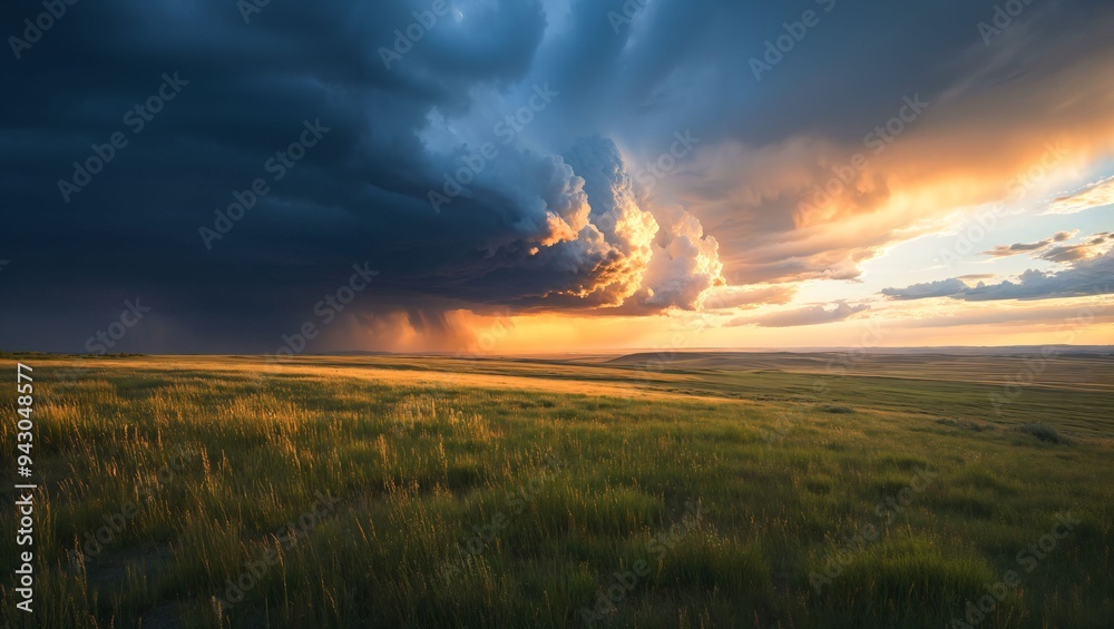 A breathtaking landscape showcasing a vibrant interplay of dark storm clouds and golden sunlight illuminating a vast grassy plain at dusk, nature's stunning beauty on display. A breathtaking landscape showcasing a vibrant interplay of dark storm clouds and golden sunlight illuminating a vast grassy plain at dusk, nature's stunning beauty on display.