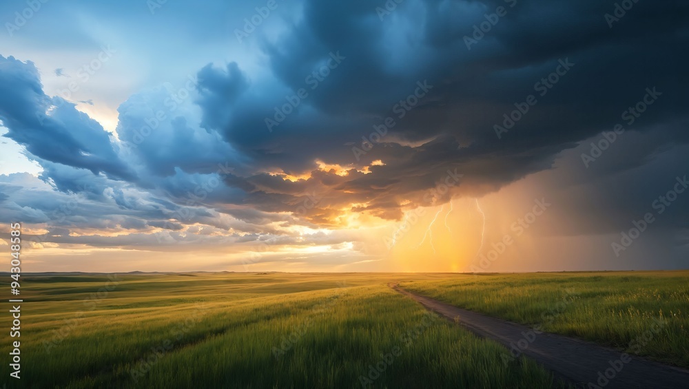 A stunning display of nature's might, this breathtaking view of a stormy sky captures the contrast between sunlight and dark clouds, complete with flashes of lightning. A stunning display of nature's might, this breathtaking view of a stormy sky captures the contrast between sunlight and dark clouds, complete with flashes of lightning.