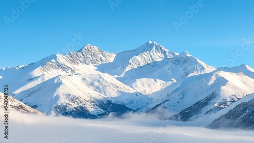The Beauty of Majestic Snowy Peaks Under a Clear Blue Sky: A Winter Wonderland Awaits with Majestic Mountains Frosted in White, Stretching Towards the Horizon, Inviting Adventure.