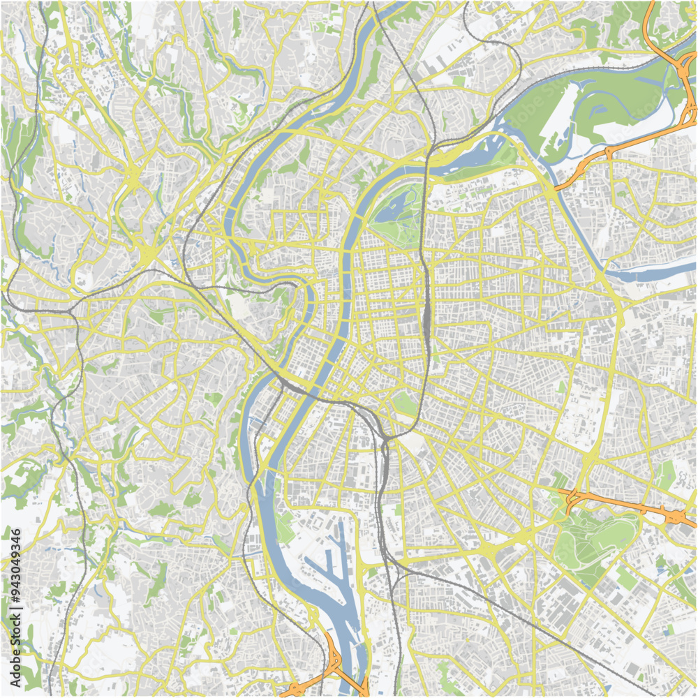 Obraz premium Road map of Lyon in France. Contains layered vector with roads water, parks, etc.