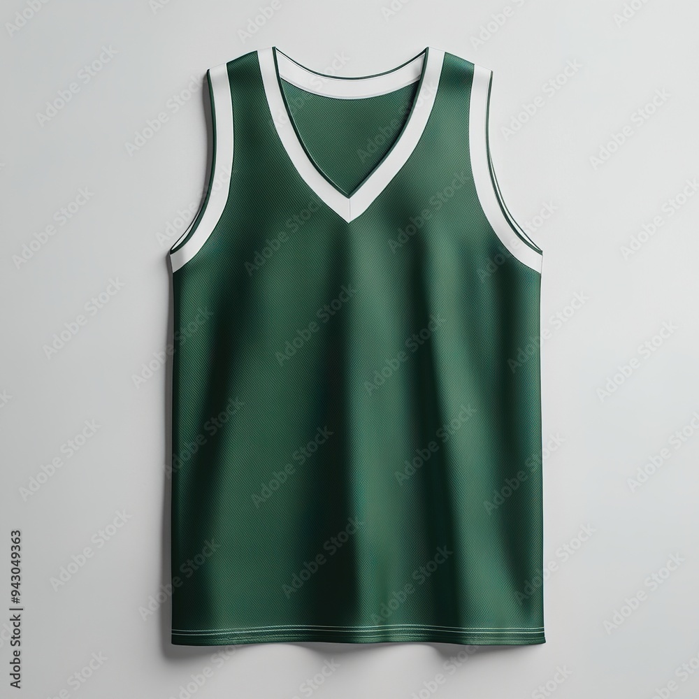 Green basketball jersey with white trim hanging against a clean white wall