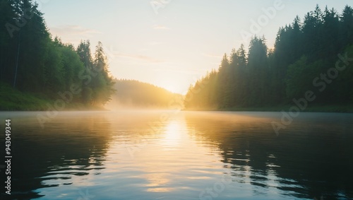 A tranquil sunrise sets the forest aglow, casting golden hues on the calm water, reflecting nature's beauty in a serene, misty morning atmosphere.