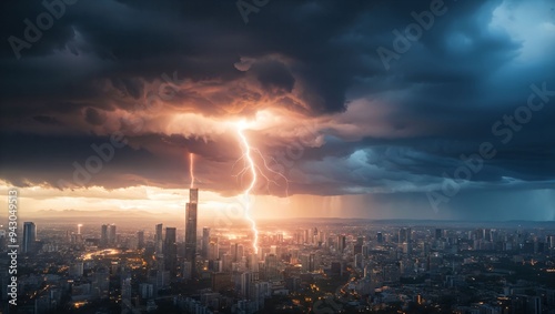 Dramatic Lightning Strikes a Cityscape: A Powerful Display of Nature’s Fury Against a Backdrop of Tall Buildings and Darkening Skies, Illuminating the Urban Landscape with Energy.