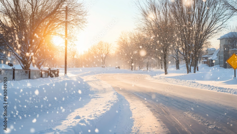 A serene winter scene at sunrise, showcasing a snow-covered street glistening under the warm golden light, with scattered snowflakes and bare trees adding to the enchanting atmosphere. A serene winter scene at sunrise, showcasing a snow-covered street glistening under the warm golden light, with scattered snowflakes and bare trees adding to the enchanting atmosphere.