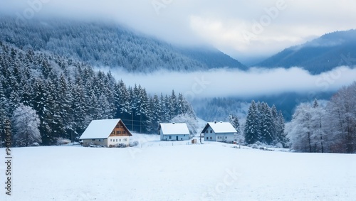 A tranquil winter scene showcases quaint cottages nestled in a snowy landscape, surrounded by majestic mountains and towering evergreen trees shrouded in soft mist.