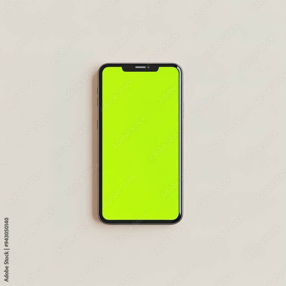 Smartphone with bright green screen on a beige background Smartphone with bright green screen on a beige background