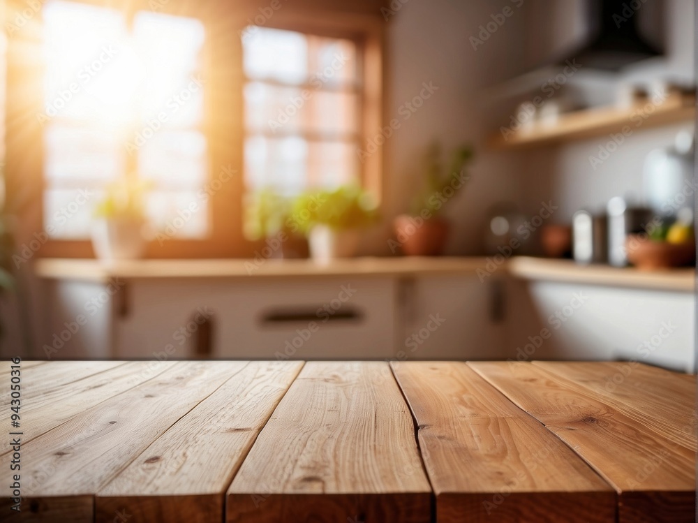 Wooden Tabletop in a Blurred Kitchen Setting Wooden Tabletop in a Blurred Kitchen Setting