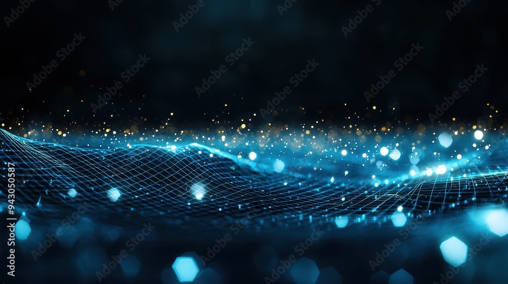 Glowing Blue Grid in Dark Digital Environment with Floating Shapes and Twinkling Lights Glowing Blue Grid in Dark Digital Environment with Floating Shapes and Twinkling Lights
