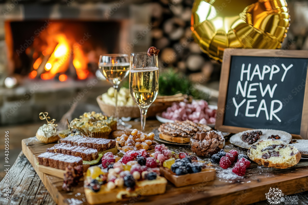 New Year’s Feast with Champagne and Festive Treats. A cozy New Year’s Eve celebration spread with champagne, sweets, and a “Happy New Year” message, set by a glowing fireplace.
New Year’s Feast with Champagne and Festive Treats. A cozy New Year’s Eve celebration spread with champagne, sweets, and a “Happy New Year” message, set by a glowing fireplace.