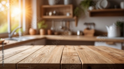 Wooden Tabletop in a Blurred Kitchen Setting
