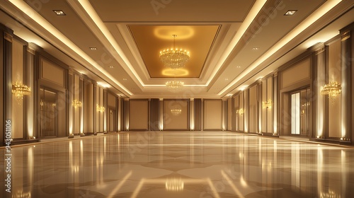 Grand and Luxurious Empty Banquet Hall with Gleaming Surfaces and Custom Lighting Design for Exclusive Occasions