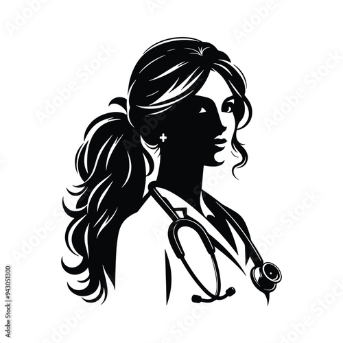 Female doctor specialist with stethoscope silhouette on white background, clinic nurse vector icon, doctor icon