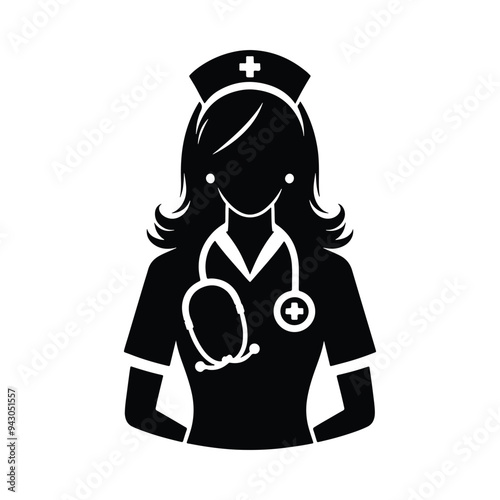 Female nurse vector silhouette on white background nurse uniform, medical icon, nurse icon, nurse vector