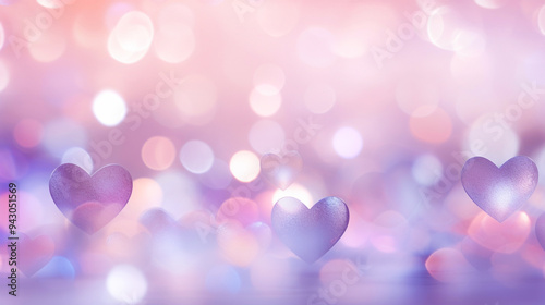 Abstract blurred background with bokeh lights and purple hearts. 