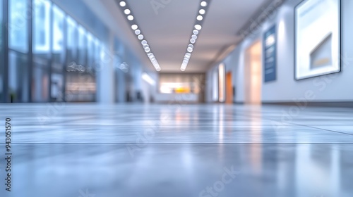 Contemporary Minimalist Exhibition Space with Sleek Flooring, Blurred Signage, and Modern Design