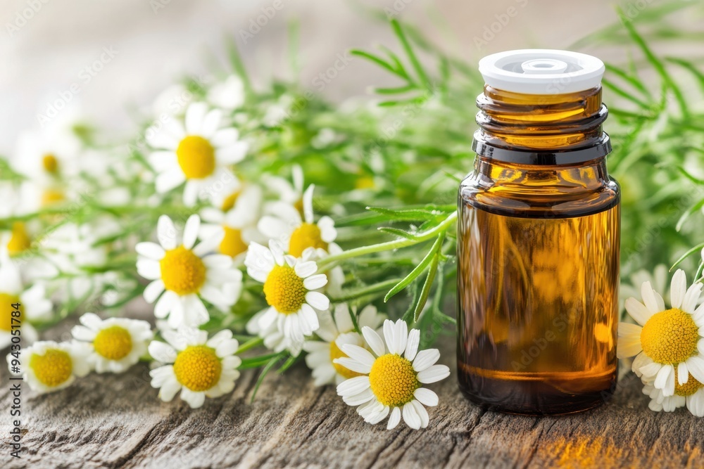 Calming chamomile essential oil with fresh flowers on wooden surface Calming chamomile essential oil with fresh flowers on wooden surface