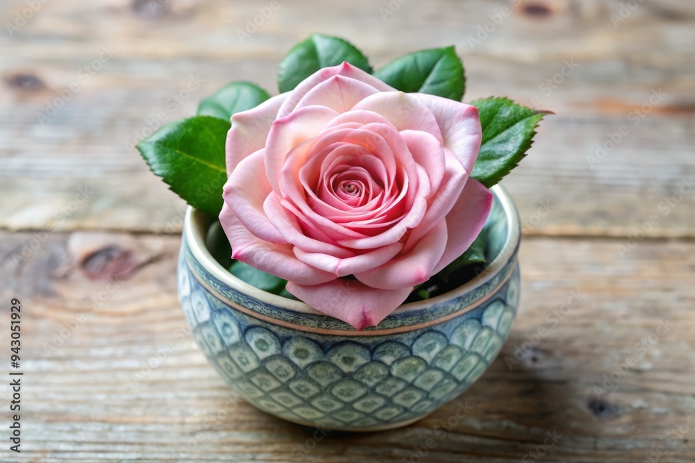 Photo image of a delicate, velvety-soft pink rose blooming in a small, ceramic pot with intricate, swirling patterns on the exterior. Photo image of a delicate, velvety-soft pink rose blooming in a small, ceramic pot with intricate, swirling patterns on the exterior.