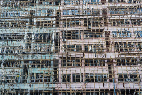 Exterior of building in Hong Kong with bamboo scaffolding