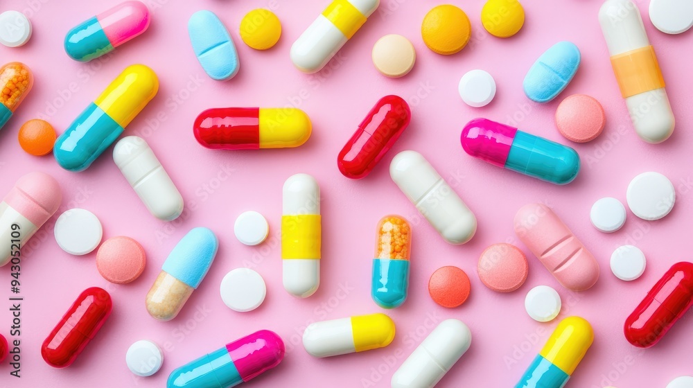 Colorful medicine tablets antibiotic pills on soft background with copy space Colorful medicine tablets antibiotic pills on soft background with copy space