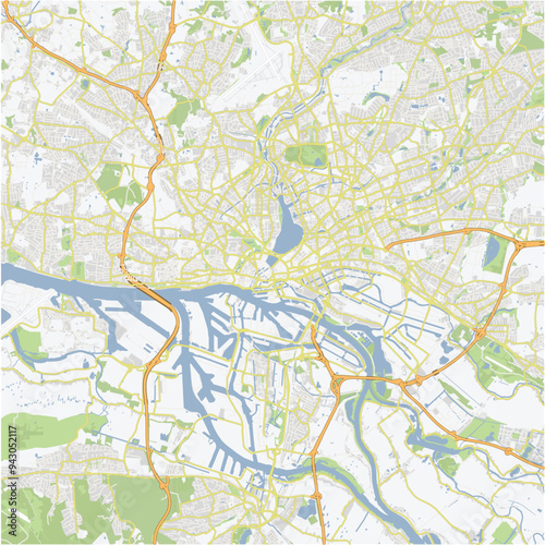 Road map of Hamburg in Germany. Contains layered vector with roads water, parks, etc.