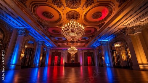 Luxurious Event Space with Detailed Ceiling Moldings, Elegant Chandeliers, and Warm Lighting with Red and Blue Uplighting photo