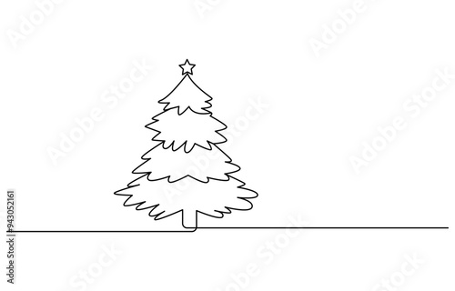 One line drawing of a Christmas tree, Christmas Tree in the Snow Continuous Line Drawing with Editable Stroke, Christmas Tree Continuous Line Drawing with Editable Stroke