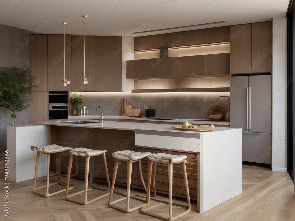 Modern Kitchen with White Marble Countertop and Wooden Stools Modern Kitchen with White Marble Countertop and Wooden Stools