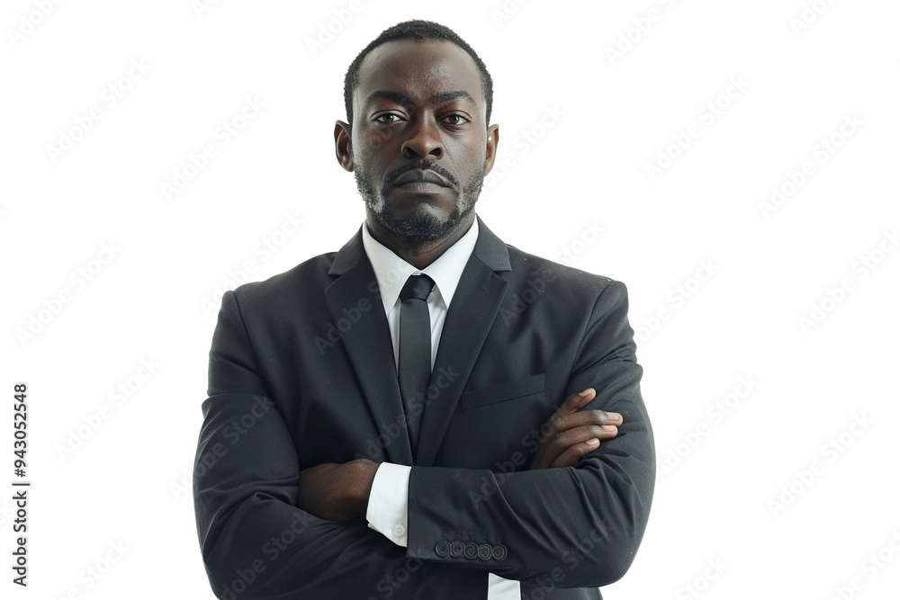 A black man in a business suit stands on a white background in the pose of a boss. Generated by artificial intelligence