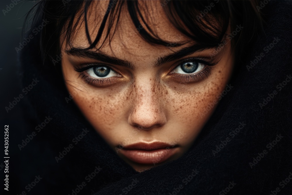 Intense gaze of young woman with blue eyes wrapped in black shawl Intense gaze of young woman with blue eyes wrapped in black shawl