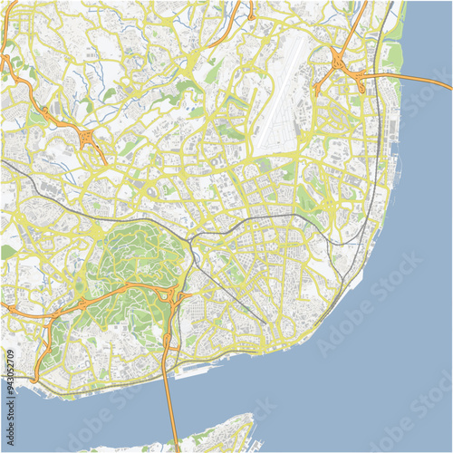 Road map of Lisbon in Portugal. Contains layered vector with roads water, parks, etc.
