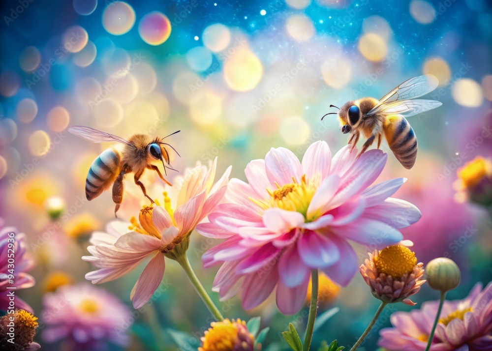 vibrant whimsical bees sipping nectar amidst pastel petals in soft morning light with subtle bokeh and shallow depth of field in a dreamy summer garden vibrant whimsical bees sipping nectar amidst pastel petals in soft morning light with subtle bokeh and shallow depth of field in a dreamy summer garden