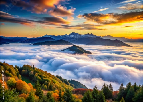 Photo image of a serene landscape with a layer of stratus clouds blanketing the sky, gently drifting across the horizon, softening the mountain peaks. photo