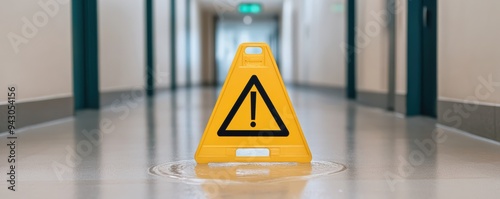 Close-up of a wet floor sign in a corporate hallway, slip hazard warning, workplace safety, accident prevention