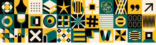 Abstract geometric banner minimal 70s mosaic style with geometry figures and shapes circle, triangle. square. Avant-garde concept illustration.