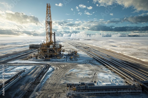 A drilling rig on a vast oil field, with rows of pipelines leading away from the site. The operation is in full swing photo