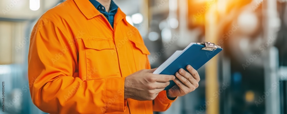 Supervisor conducting a safety inspection with a checklist in a factory ...