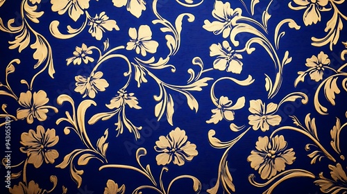 Wallpaper Mural Elegant Thai pattern wallpaper showcasing ornate floral designs with intertwining vines and leaves in a combination of gold and royal blue hues, symbolizing prosperity and elegance Torontodigital.ca