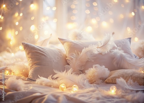 Whimsical morning dreamscapes soft focus warm light feathery textures white pillow delicate gentle messy scattered feathers calming serene ethereal romantic intimate cozy creamy pastel hues. photo