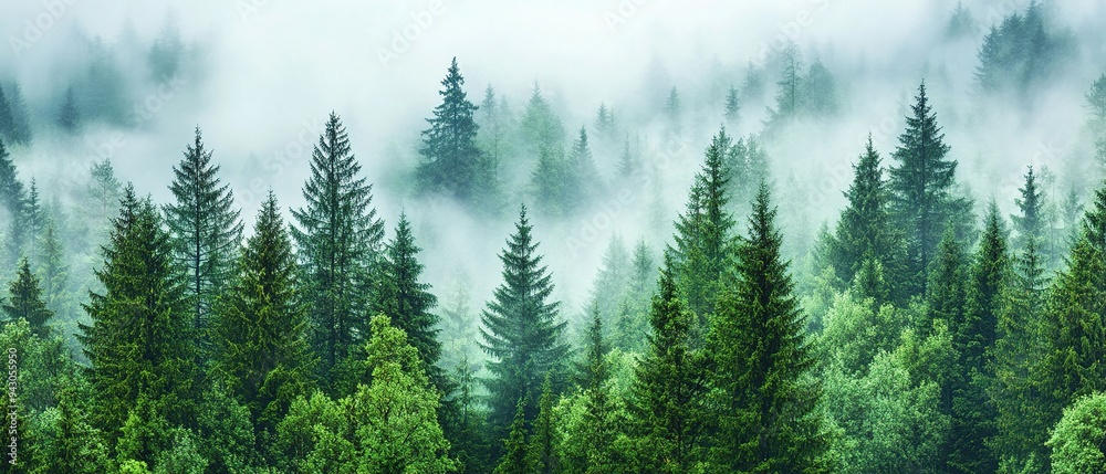 Fototapeta premium Dense forest landscape with tall green trees enveloped in mist and fog