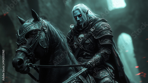 drow warrior with glowing red eyes in dark armor riding a black warhorse through an eerie ancient cathedral