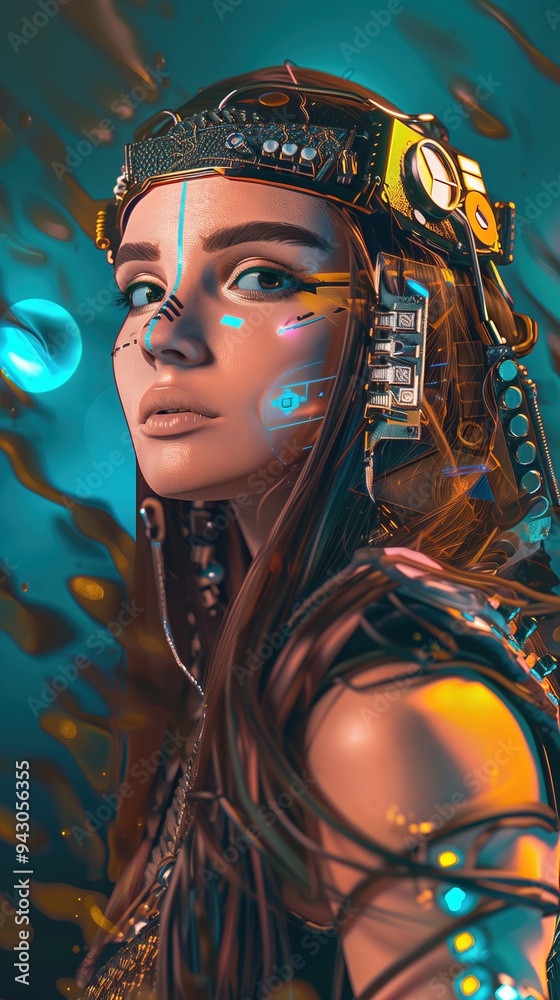 Futuristic Middle Eastern Woman in Vibrant Cyborg Inspired Digital Art
