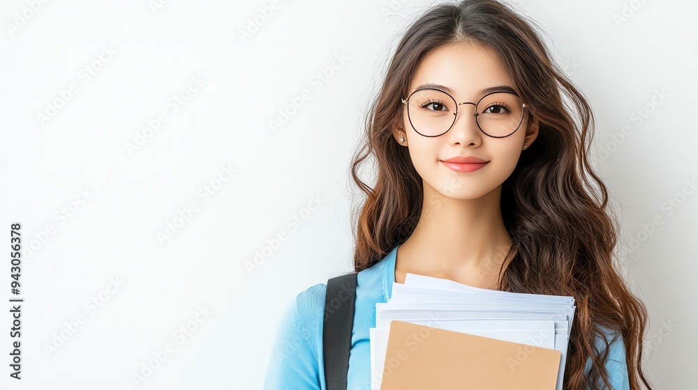 A young woman with long dark hair and glasses smiles confidently while holding books. A young woman with long dark hair and glasses smiles confidently while holding books.