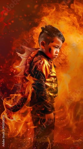 Fierce Young Warrior Engulfed in Fiery Flames of Dramatic Fantasy