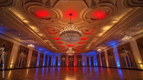 Elegant Ballroom with Detailed Ceiling Design, Bright Chandeliers, and Warm Ambient Lighting Highlighted by Red and Blue Uplighting photo