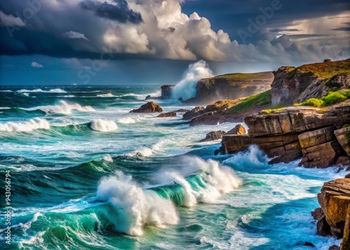 whipping windstorm fierce gusts rugged coastlines energetic dynamic raw natural elemental sea ocean spray rugged rocky shores misty atmospheric intense turquoise cyan blue overcast