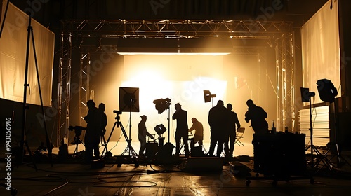 Big production set for a commercial video, showing silhouettes of crew working with professional lighting and motion picture equipment