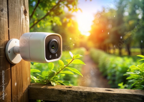 Wireless rechargeable outdoor security camera mounted on wooden fence post surrounded by lush greenery with morning dew and soft golden natural light. photo